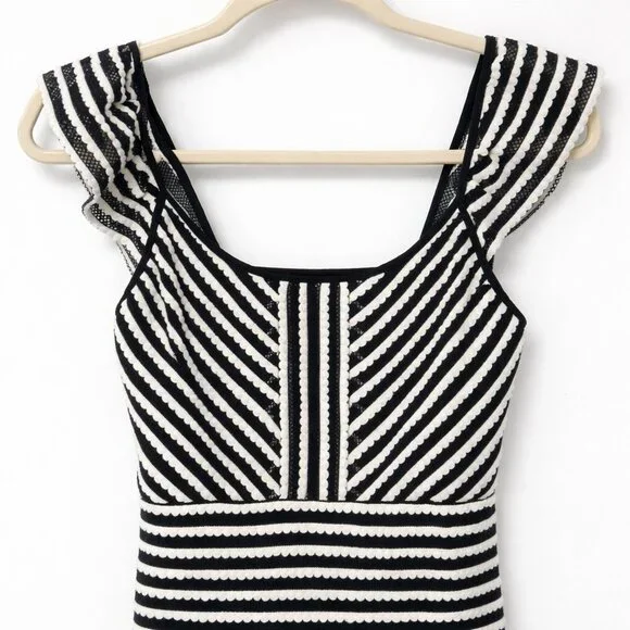 BCBGMAXAZRIA Black & White Stripe Ruffle Hem Knit Dress NWOT - Picture 5 of 12